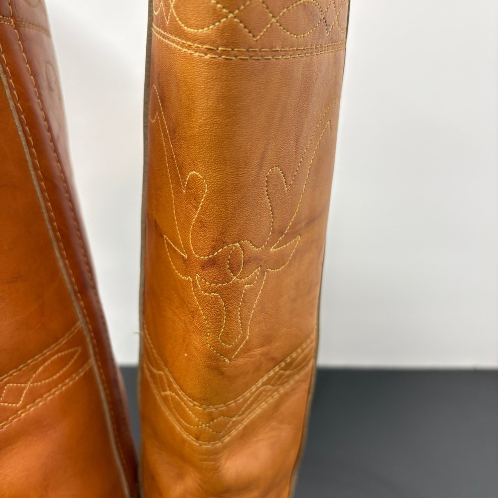 Vintage Womens Western Cowboy Boots 7.5N Tan Leather Longhorn USA Made Campus - Picture 4 of 16